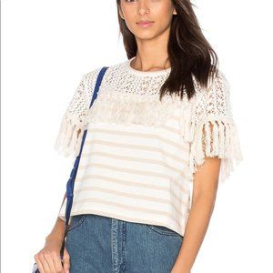 See by Chloe Fringe Cream Striped Tee Top